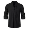 Printemps été hommes chemises Cott lin manches Lg Henley chemise col en V décontracté à lacets hauts mâle respirant mince Bloluses A2Fv #