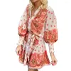 Robes décontractées Robe imprimée colorée imprimé floral col en V mini avec détail à lacets silhouette a-ligne pour les femmes automne printemps mode serré