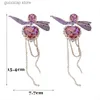 Charm Crystal Heart Earrings for Women Purple Bow Pendant Drop Earring Temperament Rhinestone Tassel Smycken Kvinnlig bröllopspresent Y240328