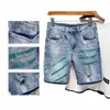 Männer zerrissene gerade Denim-Shorts Graffiti-Jeans FI-Spray-Löcher Persalisierte kurze Jeans Hip-Hop-Streetwear K6nP #