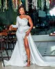 アラビア語のaso ebi african luxury mermaid wedding dresses one Shourdelliques feathers high slitウェディングドレス