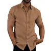Verano Cott Lino Camisas casuales Hombres Manga corta Color sólido Turn Down Collar Camisa para hombre Transpirable Playa Estilo Blusa U6HI #