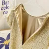 Feestjurken Tweed Gouden Briljante Zijde Dames Rechte korte mouwen Losse mini-jurk Zak Hoge kwaliteit avondkleding