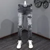 Street Fi Hommes Jeans Stretch Élastique Skinny Ripped Jeans Hommes Rétro Noir Gris Cuir Patché Designer Hip Hop Marque Pantalon u9RB #