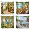 Rideaux de douche européen antique ville bord de mer paysage rideau vue sur la mer tissu imprimé décoration de salle de bain imperméable avec crochets