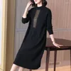 Casual Dresses Autumn Winter Knitted Vintage Folds Half High Collar Fashion Diamonds Women's Clothing Solid Color Midi Dress