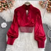 Women's Blouses Clothland Women Sexy Beading Crop Top Cut Out Long Sleeve Satin Short Style Blouse Shirt Shiny Backless Tops Blusa LB062