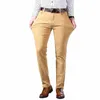 2023 Nya män Khaki Jeans Classic Style Busin Fi Solid Color Stretch Straight Denim Trousers Mane Brand Pants A8DF#