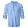 Camisa casual masculina Gothic Stand Collar LG Tops Cott Linen Shirts Henley Stand-Up Stand-Up Collar Bloluses Lace no topo P51m#