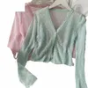 Knitted Pink Cardigans Women Summer Sunscreen LG Cropped Cadigan Korean See Through Kimo Tops Fi Sweter x5ae##