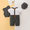 Set di abbigliamento 0-36 mesi Neonati maschi 4 pezzi Set di tute a maniche corte pagliaccetto gilet cappello neonato estivo abiti da gentiluomo