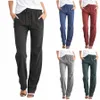 summer Women's Cott Linen Pants Drawstring Loose Wide-Leg Pants For Women Solid Straight Lg Trousers With Pocket 57oB#