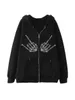 Kadın Hoodies Sweatshirts Kadınlar S Y2K İskelet Zip Up Hoodie Büyük Boyu Sweatshirt Rhinestone Kafatası Parmak Uzun Kollu Ceket Sonbahar Sokak Giydirme 24328