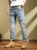 Patchwork trou déchiré crayon pantalon vintage hommes jeans printemps été pantalon décontracté slim fit haute persalité denim pantalon e5Tt #