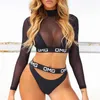 Maillots de bain pour femmes Sexy Hot Black Lace Mesh Gaze Bikini Set Thr Pieces Femmes Maillots De Bain Col Haut Lettre Bandage Maillot De Bain Long Slve Maillot De Bain T240328