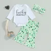 Clothing Sets Born Baby Girl St Patricks Day Outfits Flared Pants Set 3PCS Green Long Sleeve Letter Romper Clover Headband