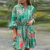 Casual Dresses Vintage Print for Women V Neck Lace Up Shirt Dress Fashion Mini Summer Party