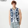 남성용 캐주얼 셔츠 Incerun Tops 2024 American Style Fashion Buckle Design Personality Floral Pattern Sleeveless 카디건 블라우스 S-5XL