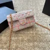 French Ladies Classic Mini Flap Square Quilted Pink Tweed Check Two-tone Bag Gold Metal Hardware Matelasse Chain Crosbody Shoulder Handbag Outdoor Vanity Purse 19cm