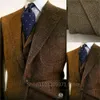 Herringbe Mannen Pakken Formele Busin Blazer-Set Bruin Tweed Wollen Bruidsjonkers Marraige Bruiloft Tuxedo Jacket + Vest + broek R0oe #