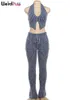 Estranho puss azul listrado feminino casual conjunto de duas peças crochê halter deepvneck vestpocket calças magro estiramento combinando roupas 240321