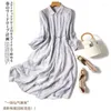 Casual Dresses Limiguyue French Ink Striped Midi Summer Silk Single Breasted Pocket Chiffon Dress Ruffled midja A-Line Vestidos Z013