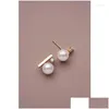 Stud Earrings S925 Sier Plated Ncing Wood Ear Nails Female Inlaid Zircon Simple Temperament All-Match Pearl Drop Delivery Jewelry Otktl