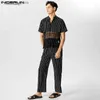 Men's T-Shirts 2023 Men Sets Lace Striped Patchwork V Neck Short Sleeve Shirt Pants Two Pieces Sets Streetwear Transparent Men Suits24328