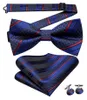 Bow Ties Hi-Tie Jacquard مخطط بحرية زرقاء الفراشة الحرير رجال Tie Hanky ​​Cufflink