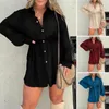 Vestidos informales Vestido de manga larga Color sólido ligero Elegante mameluco con cordones con cuello en V Cintura ajustada para mujeres con estilo