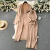 Robes de travail Gagaok deux pièces ensemble automne hiver tempérament solide lâche cravate taille tricoté cardigan manteau coupe mince robe à col suspendu