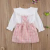 Sets Focusnorm Autumn Princess Kids Baby Girls Clothes Sets 2pcs Peter Pan Collar Single Breasted Tops Plaid Print Bib Strap Dress Curtain