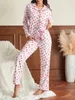 Ubrania domowe damski satynowy piżama Zestaw długich rękawów z spodniami 2 szt. Buttons Bottons Ubrania