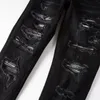 Hommes Plissé Patch Biker Jeans Streetwear Skinny Fuselé Stretch Denim Pantalon Ripped Patchwork Pantalon Noir U5cx #