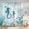 Blue Sea Turtle Shower Curtain Funny Ocean Animal Starfish Coral Tropical Fish Underwater Marine Life Curtains Bathroom Decor 240328