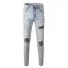 High Street Fi hommes jean rétro bleu clair Stretch coupe maigre déchiré jean hommes patché concepteur Hip Hop marque pantalon Hombre 10O5 #