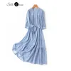 Casual Dresses 2024 Women's Spring Art Blue Fragmented Flower Natural Mulberry Silk 03Crepe De Chine V-Neck Loose Ruffle Edge Dress