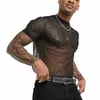 2023 Mannen Korte Mouw Mesh Shirt Sheer Slim Fit Glanzende Sexy T-shirt Party Nachtclub Dunne Ademende Q2X9 #