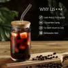 6pcs, Drinking Glasses Bamboo Lids and Straws, 16oz Can Shaped Glass Cups Beer, Ice Coffee, Cute Tumbler Cup Great for Soda, Boba Tea, Tail, with Free 2