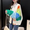 rainbow Striped Knit Sweater Cardigan Women Double-breasted V-neck Jacket Coat Autumn Winter Loose Stylish Top DF4946 44AP#
