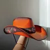 Chapeau de Cowboy Orange occidental en paille à bord bouclé, pare-soleil épais d'été pour hommes et femmes, plage 240326