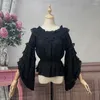 Damenblusen, viktorianische Vintage-Lolita-Shirts, Frauen, Kawaii-Spitze, Rüschen, O-Ausschnitt, ausgestellte Ärmel, Chiffon-Oberteile, mädchenhaft, süß, elegant, Prinzessin