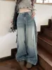 Women's Jeans American Retro Autumn 2024 High Waist Baggy Washed Blue Wide Leg Pants Ins Korea Fashion Y2K Punk 2000s Aesthetic