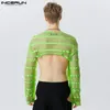 2023 Hommes T-shirt Maille Gland Évider Transparent Mâle Crop Tops O-cou Lg Manches Sexy Streetwear Camisetas S-5XL INCERUN 7 G22Z #