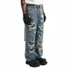 damaged Holes Jeans Retro Casual Straight Denim Hip Hop Ripped Jeans Streetwear Men Wide Leg Jeans High Quality 696i#