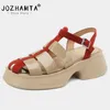 Sapatos de vestido Jozhamta Tamanho 34-39 Roma Sandálias Mulheres Real Couro Alto Salto Verão Mulher 2024 T-Strap Tecido Retro Plataforma Sandalias