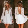 Robes décontractées Femmes Coton Blanc Mini Robe Sexy Col V Creux Manches Longues Boho Style Plage Robe D'été