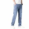 summer Thin Jeans Men's Loose Straight Pants Fi Elastic Waist Stretch Cott Busin Casual Denim Trousers Light Blue w5gO#