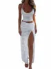 Chronstyle Sexy Women 2 Pieces Summer Outfits Off Shoulder Halter Backl Lace Camis Topps High Split LG kjolar Beachwear 2024 228l#