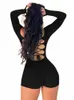 Hugcitar LG-Ärmel Backl Solid Lace Up Sexy Slim Skinny Playsuit 2023 Sommer Frauen FI Y2K Streetwear Party Club Rompe Q1oZ #